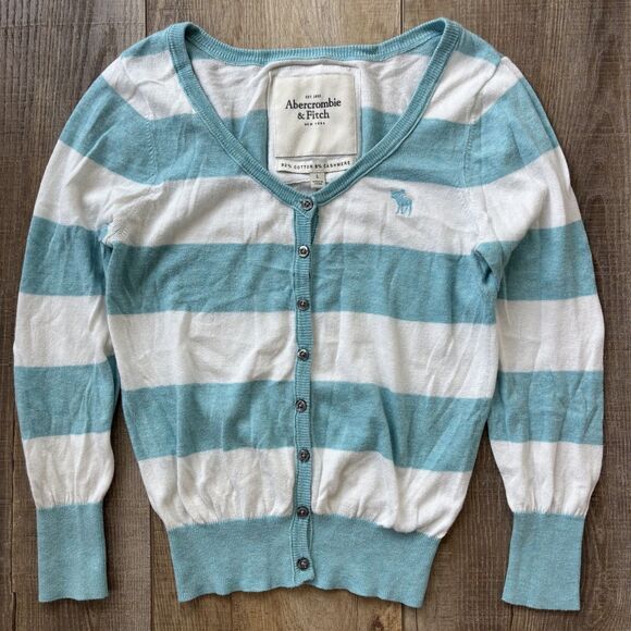 Vintage Abercrombie & Fitch Womens Cardigan Blue Striped Size L Y2K Logo Preppy - Picture 6 of 10